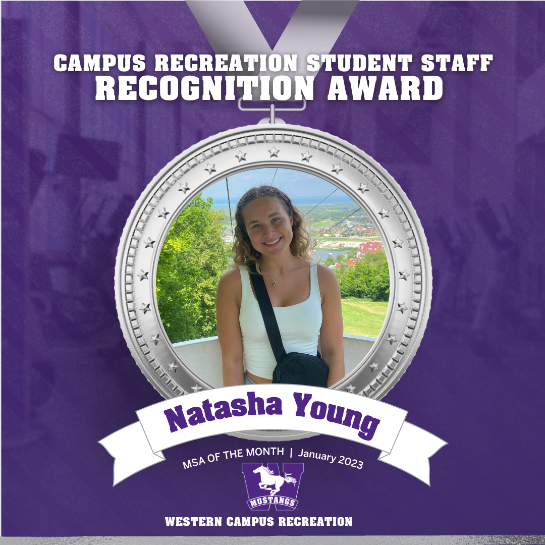 Head shot of Natasha Young inside a silver medal graphic with a mustangs purple background